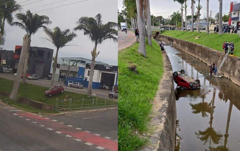 Acidente em Vinhedo: Veículo despenca em córrego após colisão registrada por câmeras